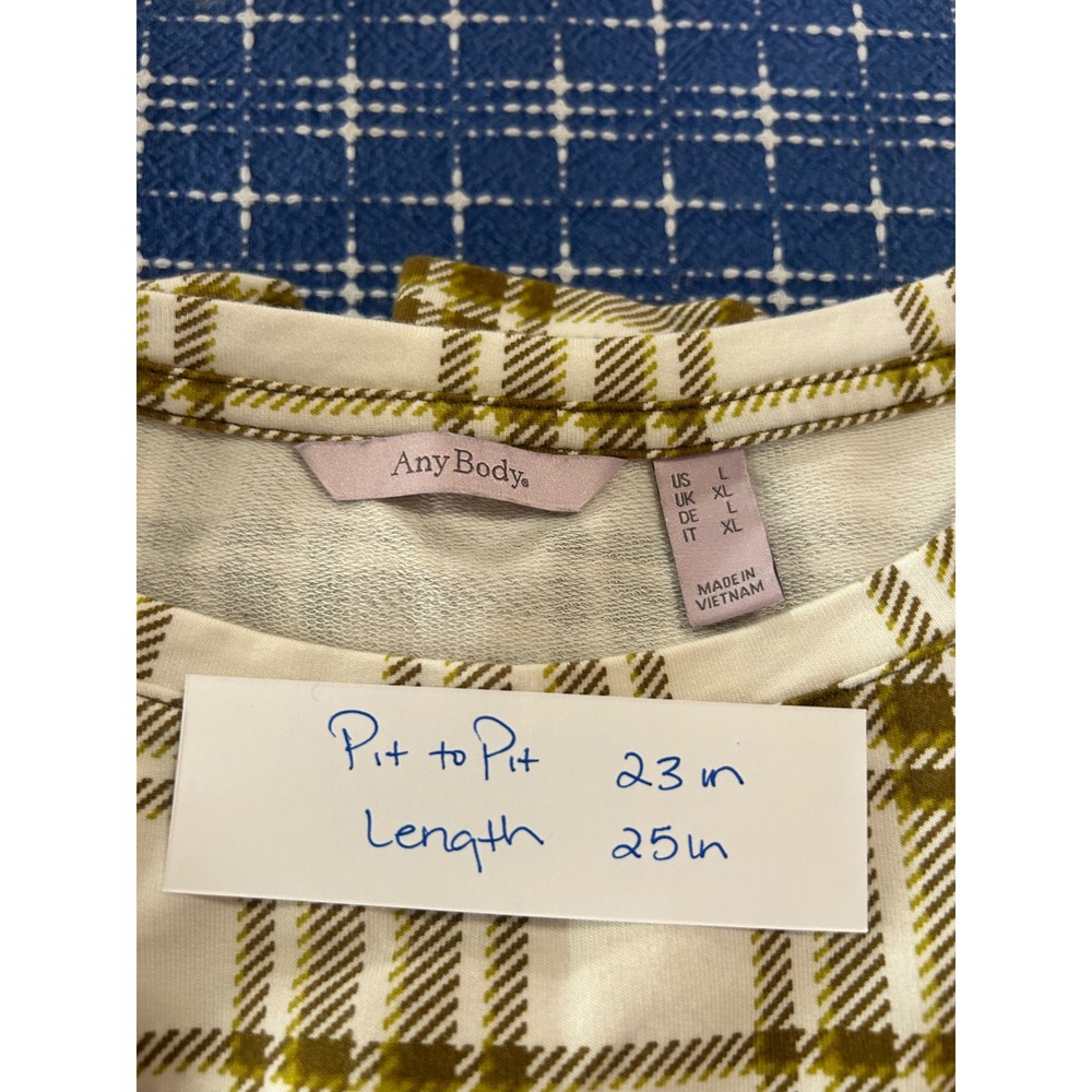 AnyBody Womens Large Plaid Long Sleeve Crew Neck Top Olive Green Cream Cotton - Picture 3 of 7